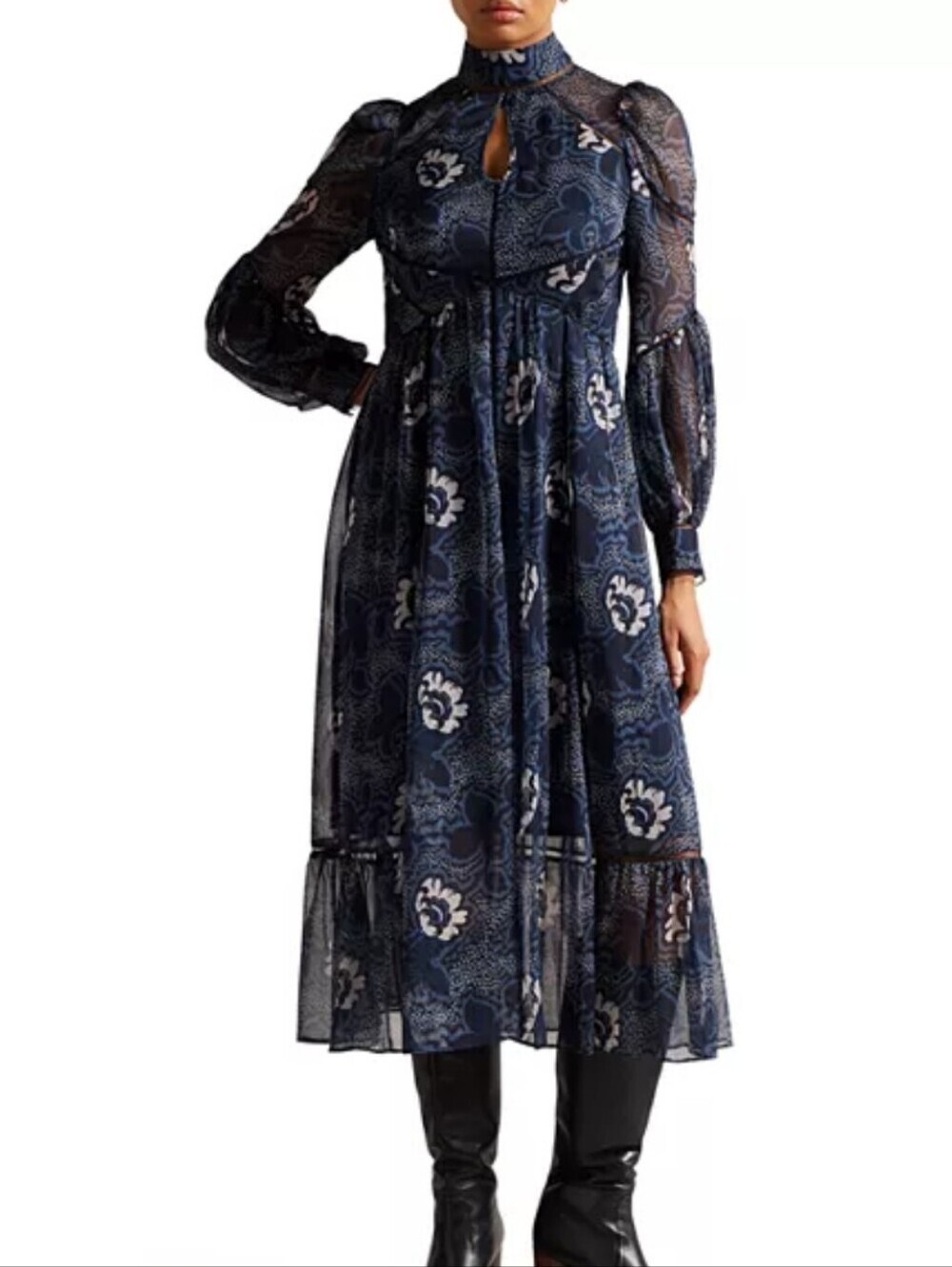 Ted Baker London Navy Floral Chiffon Midi Dress High Neck Long Sleeve Size 2